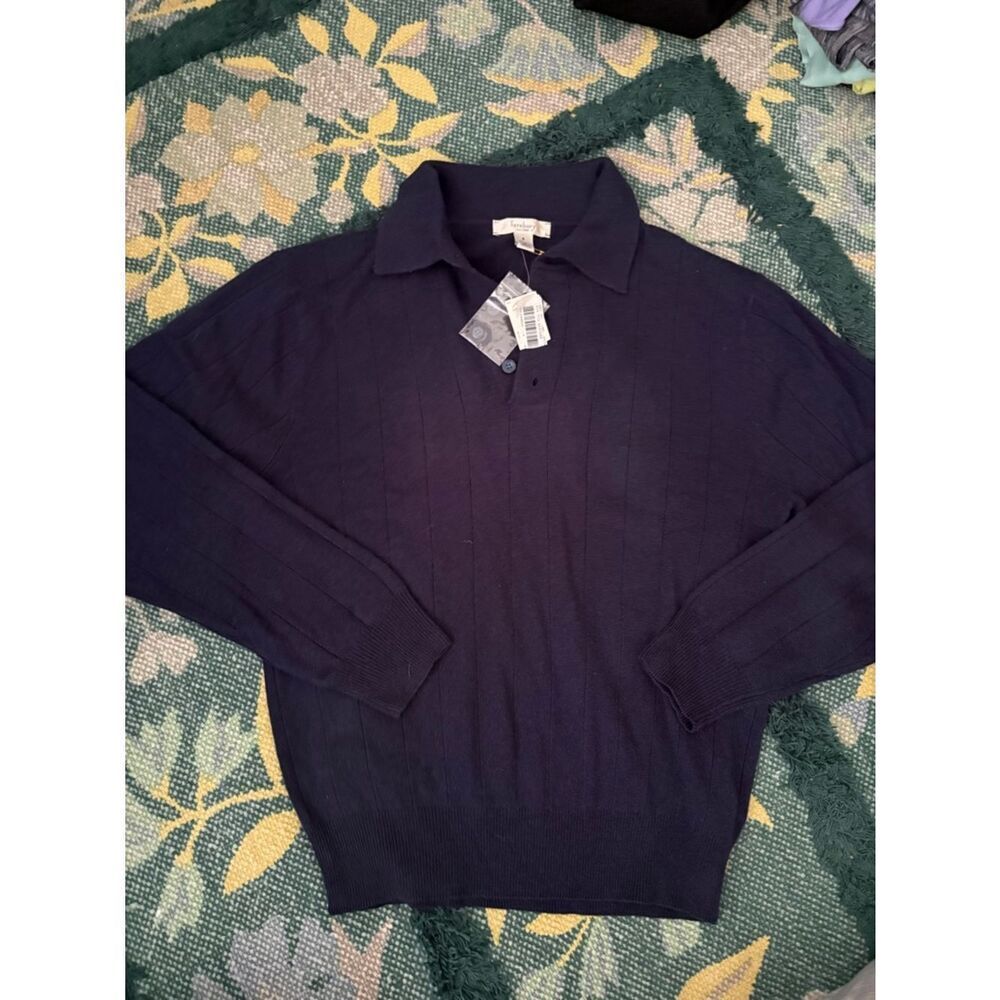 NWT Turnbury Silk Cashmere Blend Navy Blue Polo Sweater,Size Small